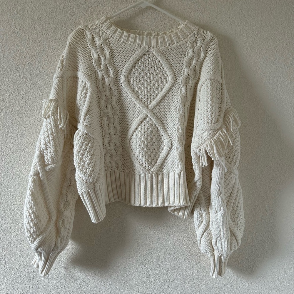 Line + Dot Women’s Knit Sweater XS off white Chunky Fringe Oversized Cottagecore - Picture 1 of 15